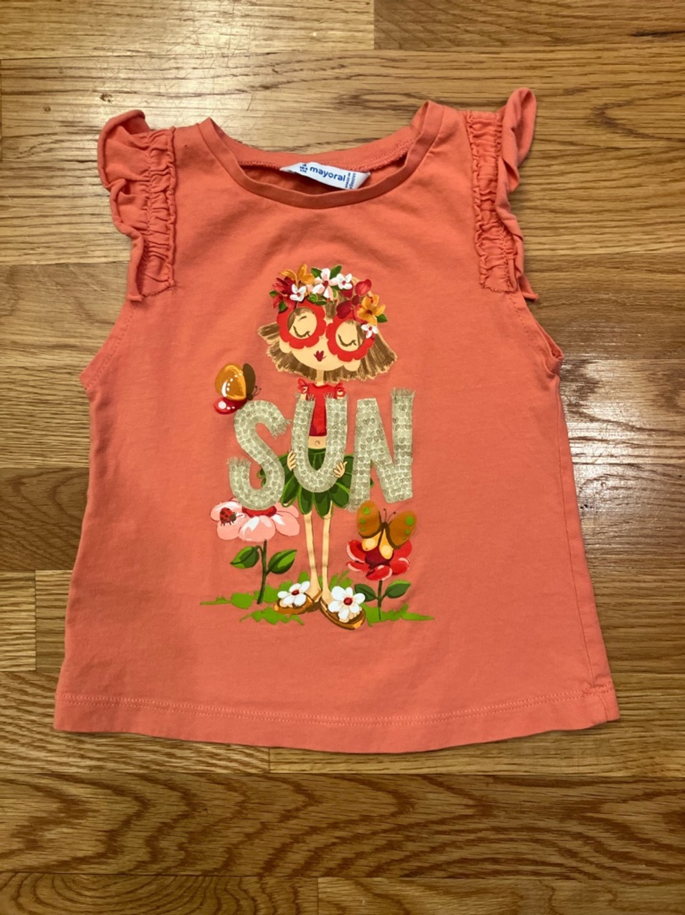 Girls Mayoral size 3 Coral Graphic Tank Top with Ruffle Sleeves